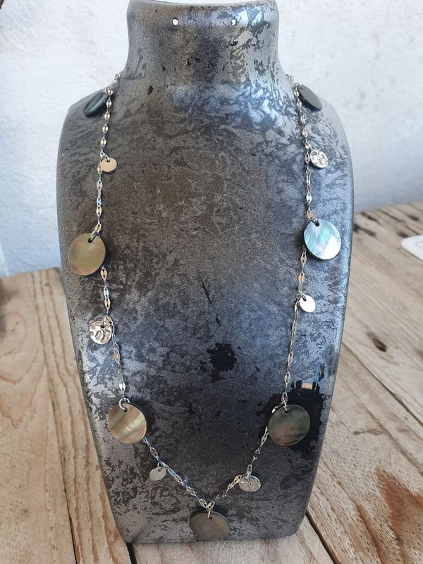 Collier Acier Inoxydable &amp; Nacre Grise Ronde