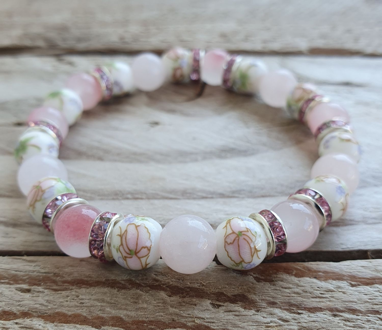 Bracelet Perles Porcelaine &amp; Quartz Rose