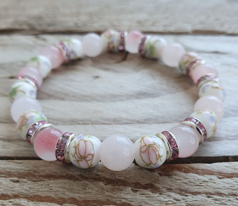 Bracelet Perles Porcelaine &amp; Quartz Rose