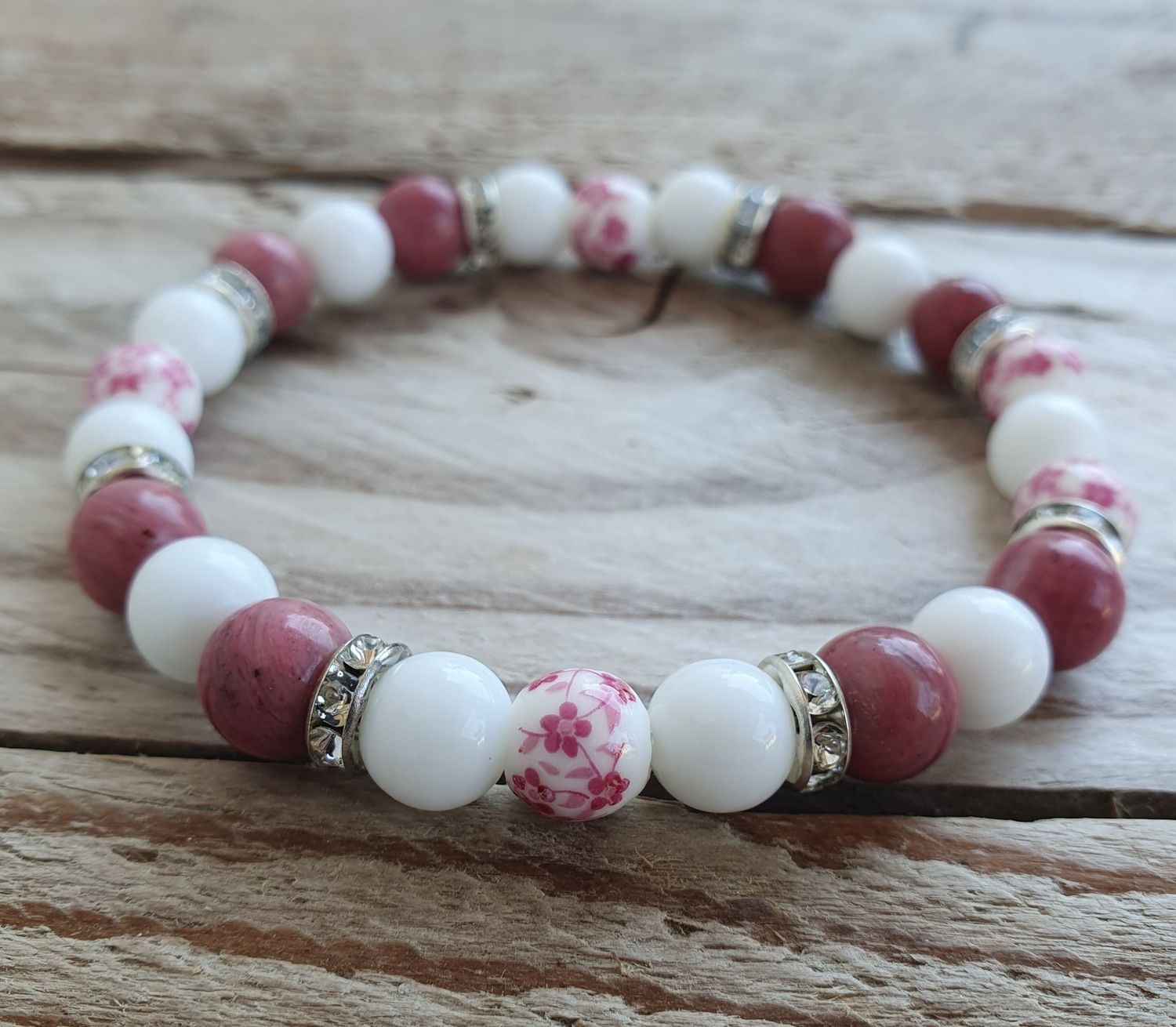 Bracelet Perles Porcelaine &amp; Rhodonite