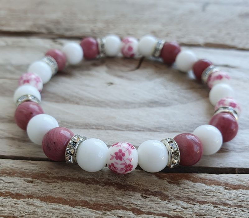 Bracelet Perles Porcelaine &amp; Rhodonite