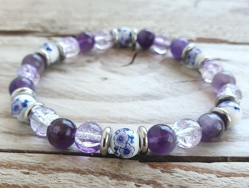 Bracelet Perles Porcelaine &amp; Améthyste 8mm