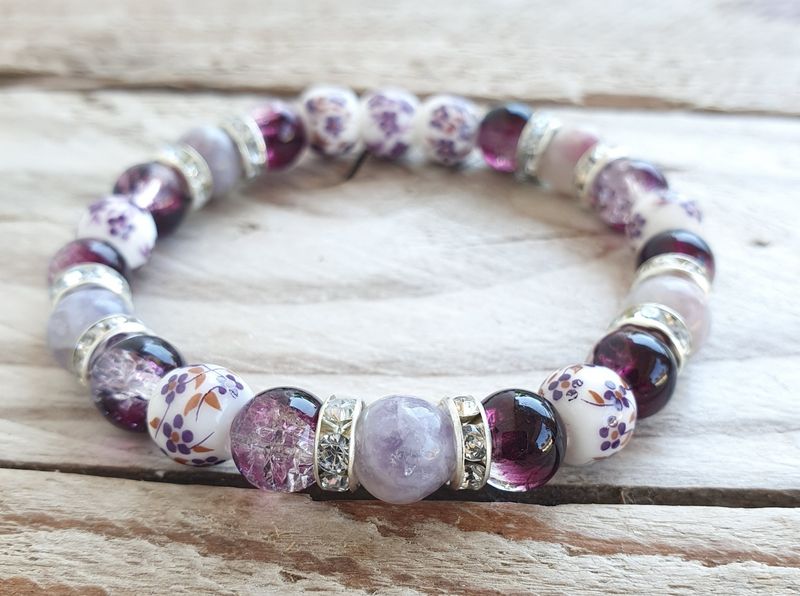 Bracelet Perles Porcelaine &amp; Tourmaline Rose 8mm