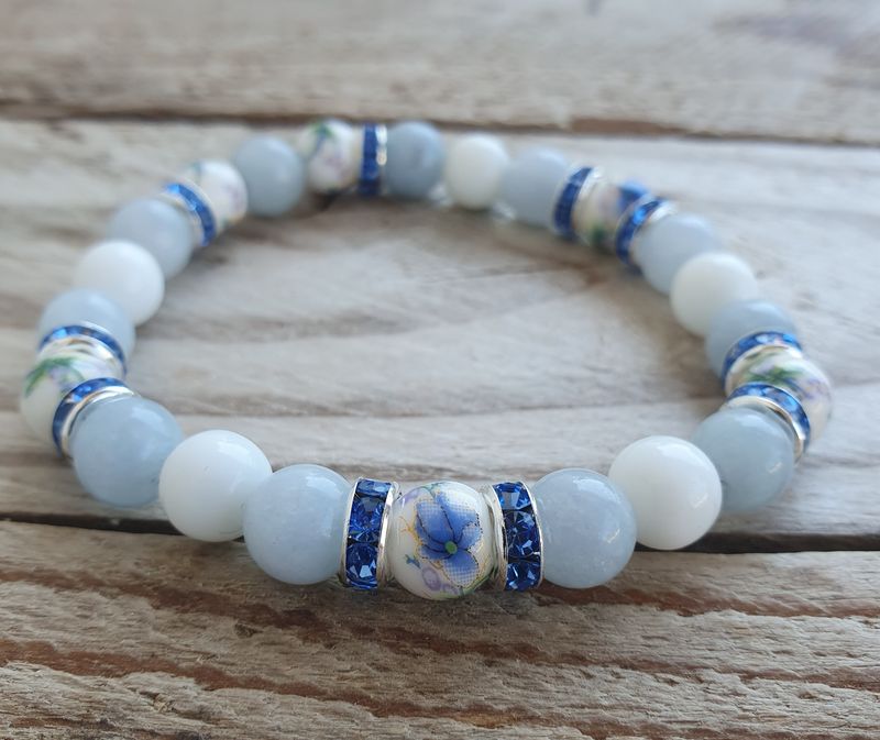Bracelet Perles Porcelaine &amp; Agate Blanche/Aigue Marine