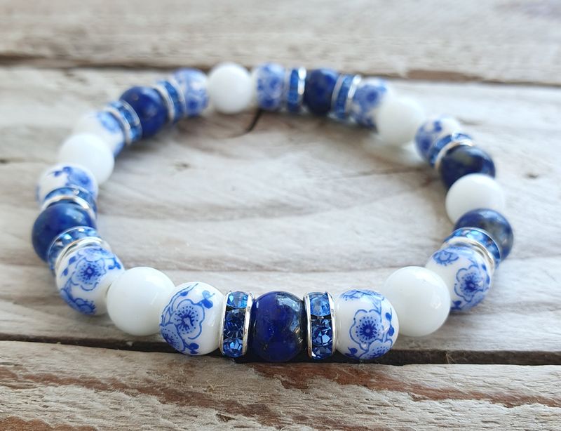 Bracelet Perles Porcelaine &amp; Agate Blanche/Lapis Lazuli