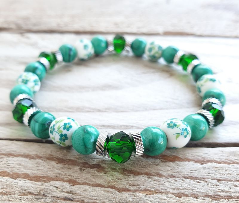 Bracelet Perles Porcelaine &amp; Malachite