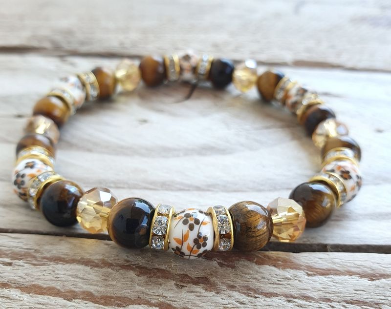 Bracelet Perles Porcelaine &amp; Oeil de Tigre
