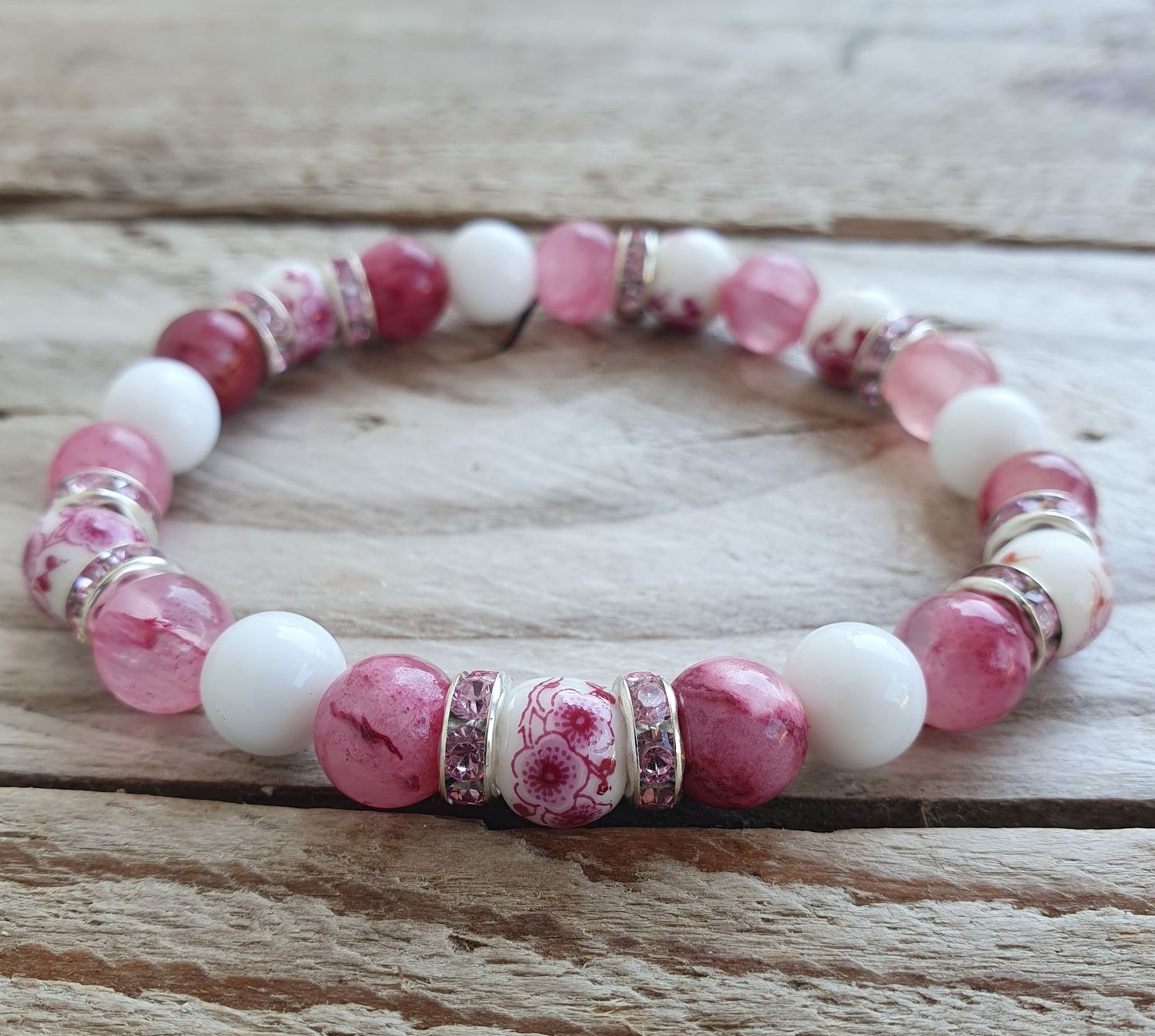 Bracelet Perles Porcelaine &amp; Jaspe Rose