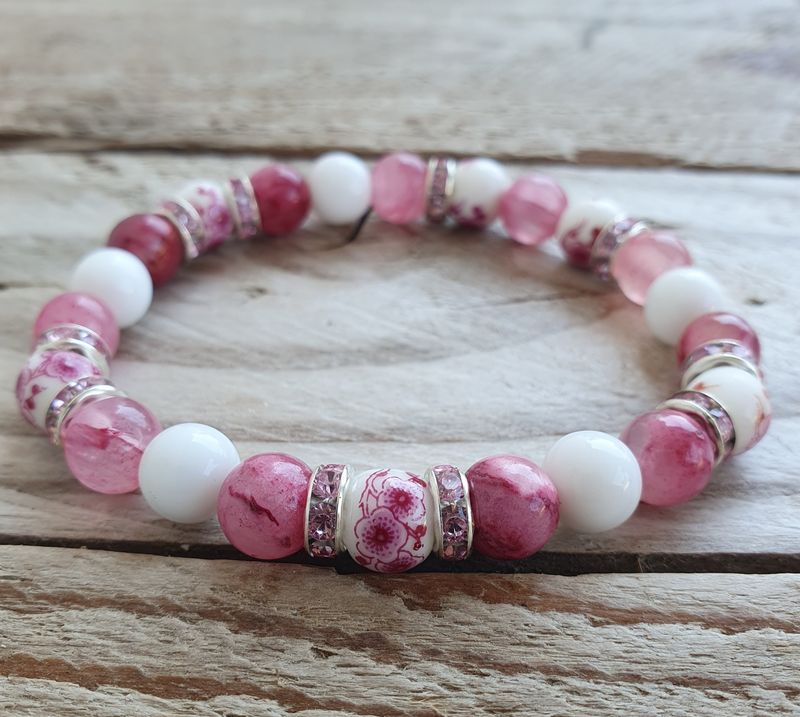 Bracelet Perles Porcelaine &amp; Jaspe Rose