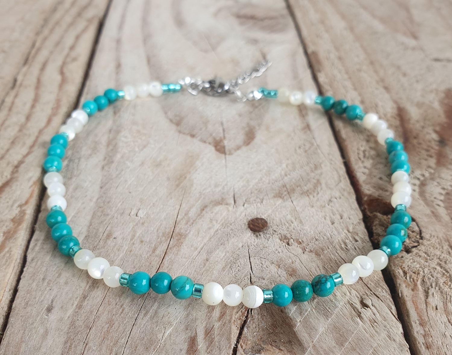Bracelet de Cheville Turquoise de chine et Nacre Ivoire