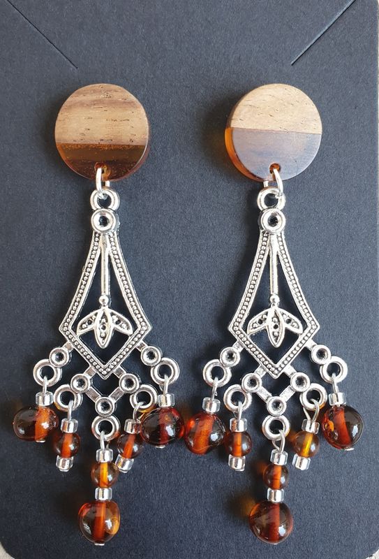 Boucle d oreille Ambre &amp; attache bois résine Orange