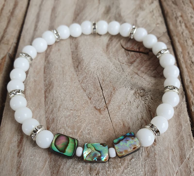 Bracelet Agate blanche &amp; Abalone strass argenté
