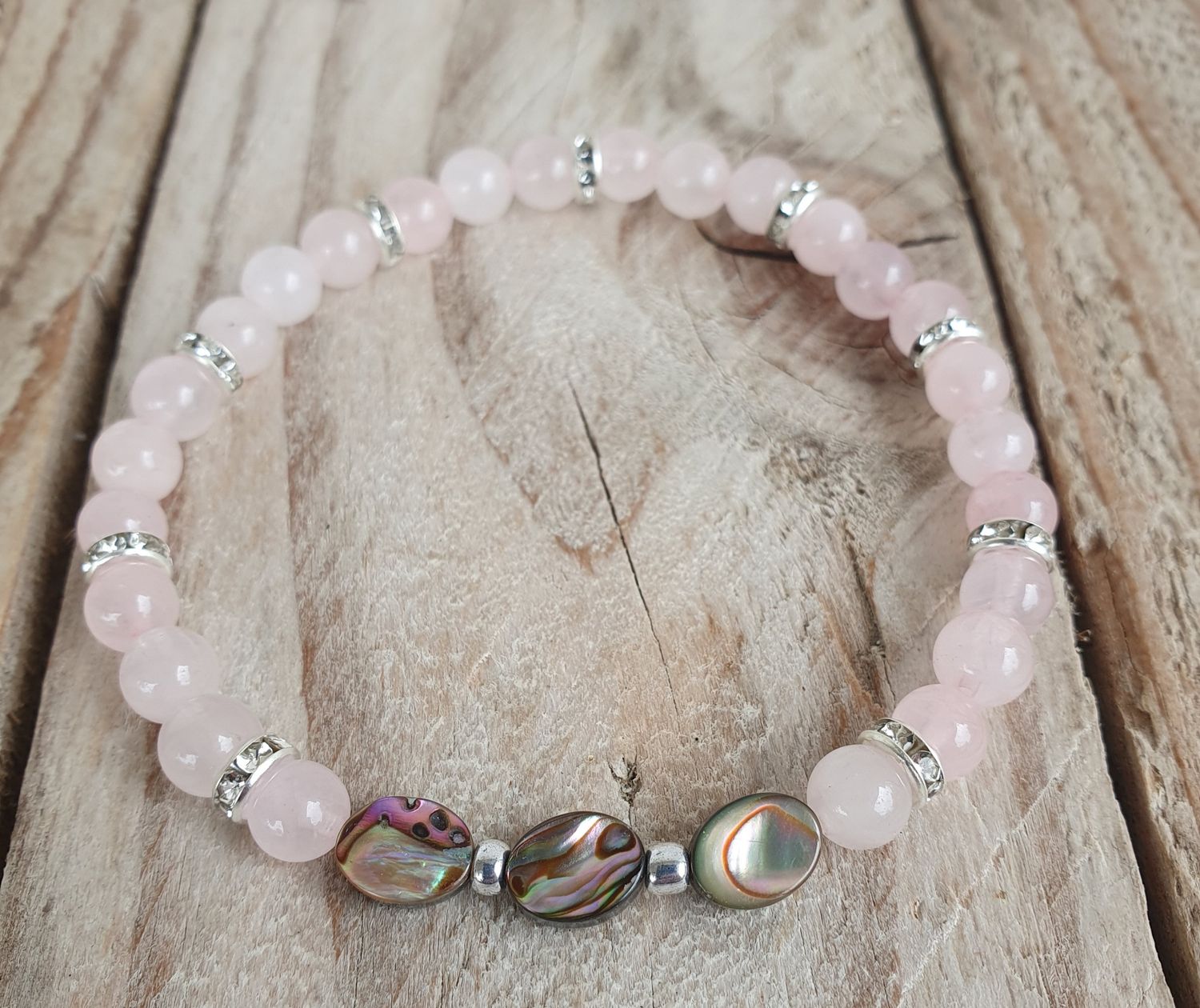 Bracelet Quartz Rose &amp; Abalone strass argenté