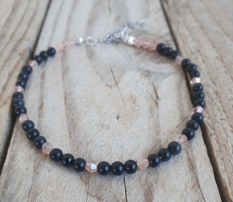 Bracelet de Cheville Obsidienne oeil céleste et Cristal Rose