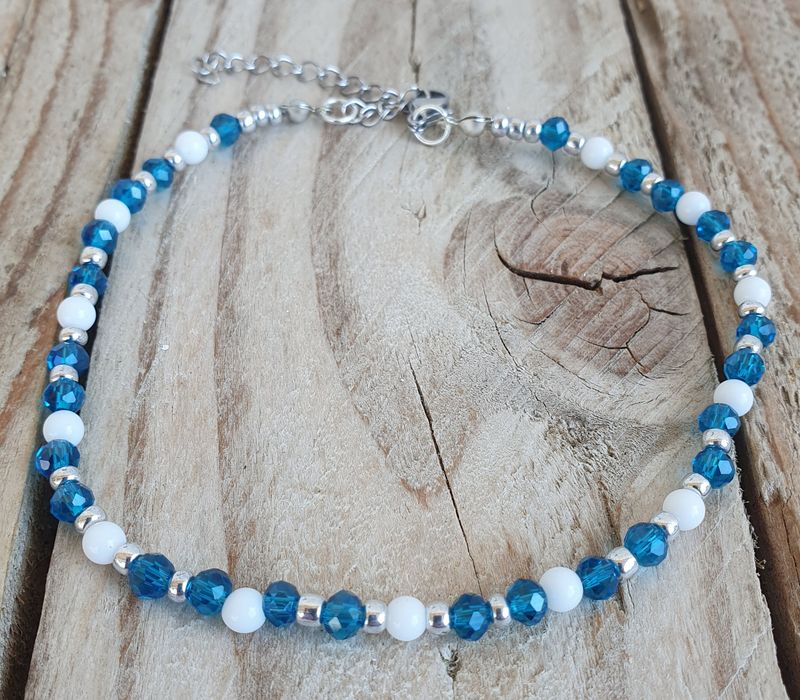 Bracelet de Cheville Cristal Bleu Azur &amp; Agate blanche