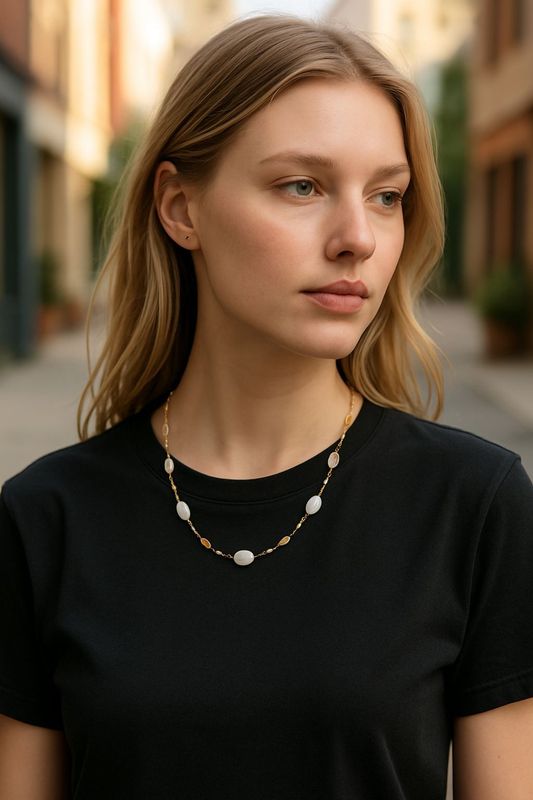 Collier Acier Inoxydable doré &amp; Nacre Naturelle Ivoire 