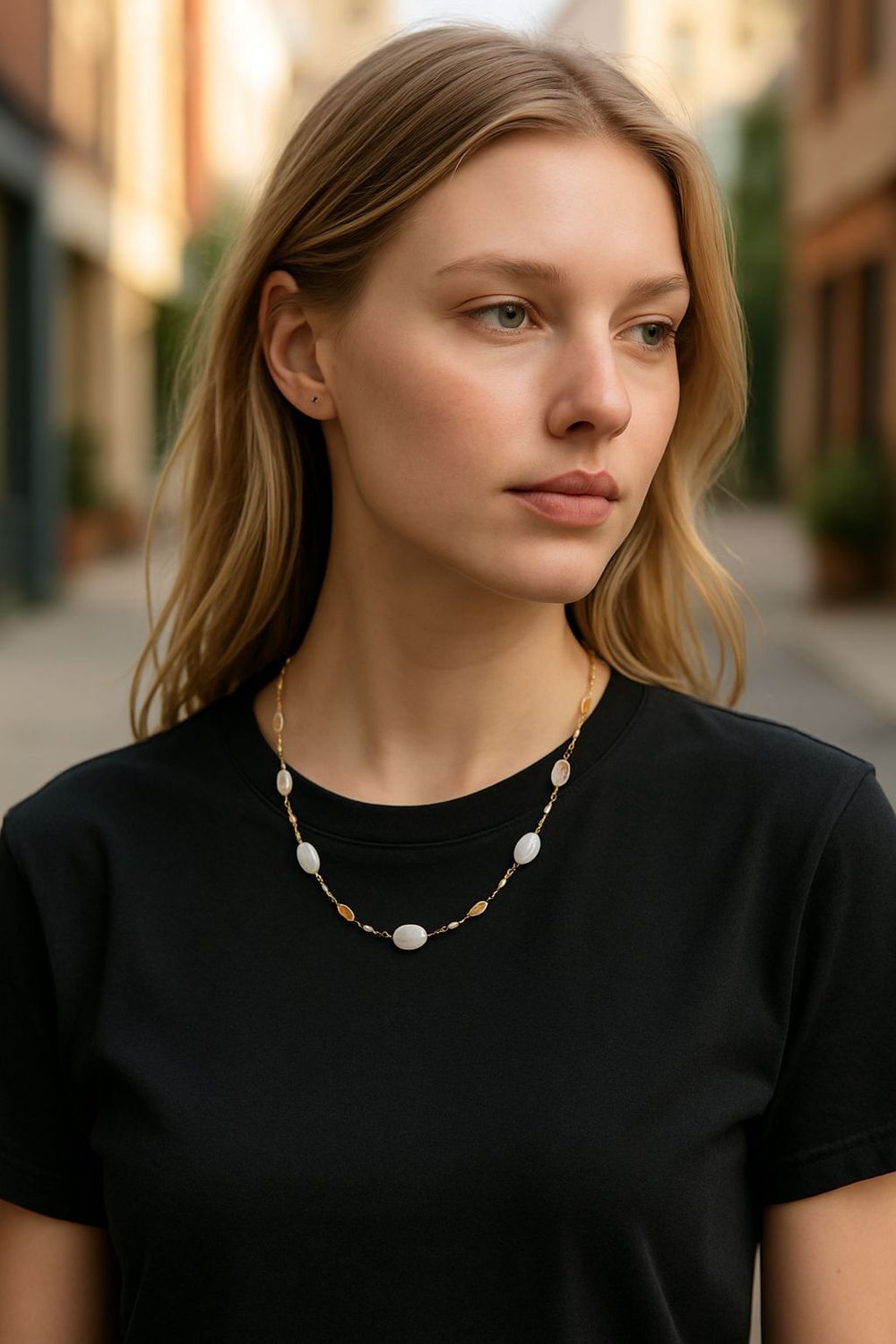 Collier Acier Inoxydable doré &amp; Nacre Naturelle Ivoire 
