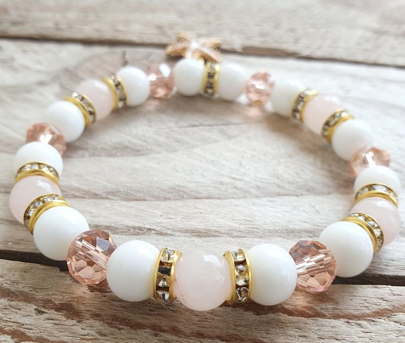 Bracelet Perle de Verre Rose et Agate Blanche