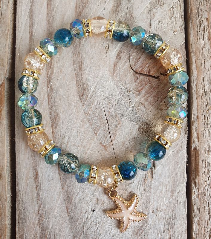 Bracelet Perle de Verre Blue lagoon &amp; Gold