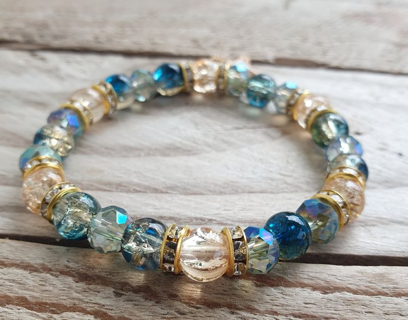Bracelet Perle de Verre Blue lagoon &amp; Gold