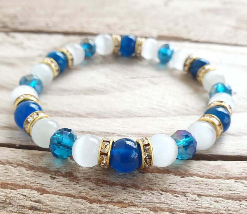 Bracelet Coquillage Agate Bleue, Oeil de Chat &amp; Gold