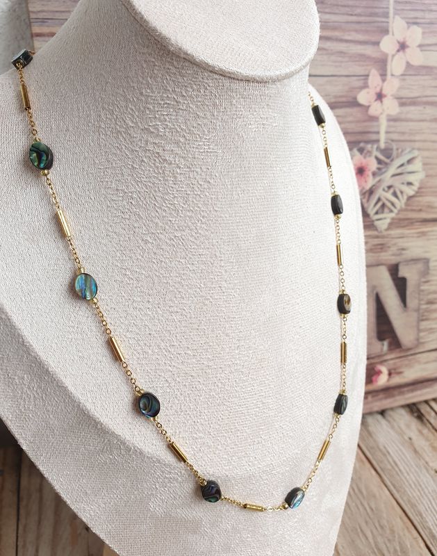 Collier Acier Inoxydable doré &amp; Nacre Abalone Perle Ovale 6*8mm