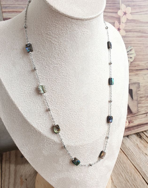 Collier Acier Inoxydable Argenté &amp; Nacre Abalone Perle Rectangle 6*8mm