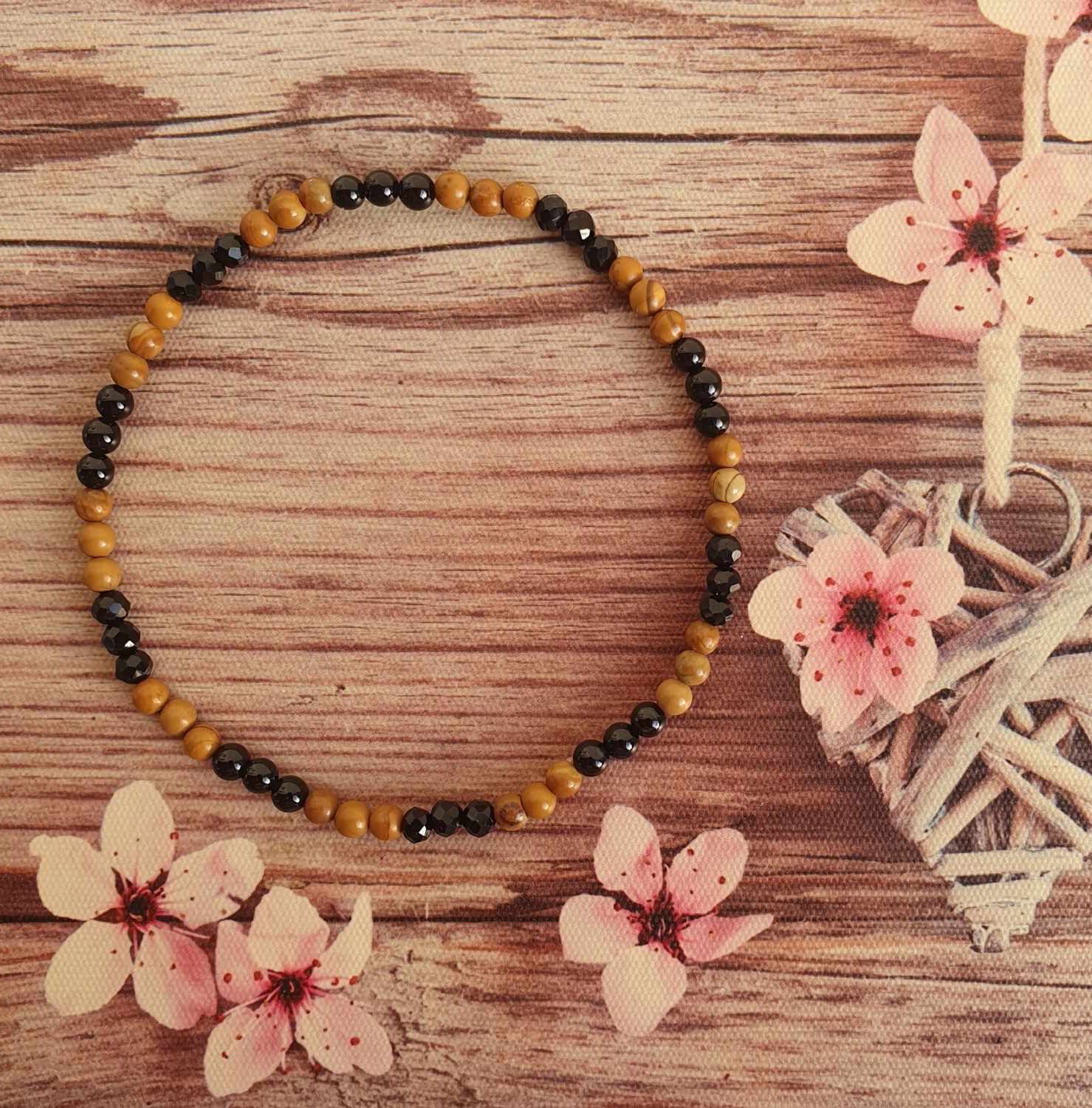 Bracelet de Cheville Easy  Jaspe Bois &amp; Obsidienne noire