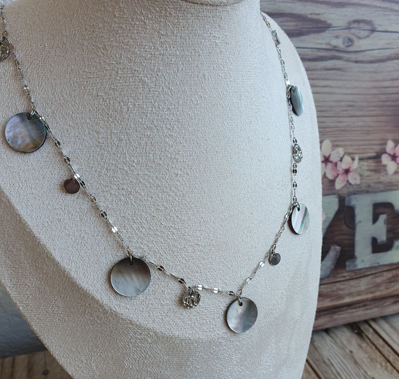 Collier Acier Inoxydable &amp; Nacre Grise Ronde
