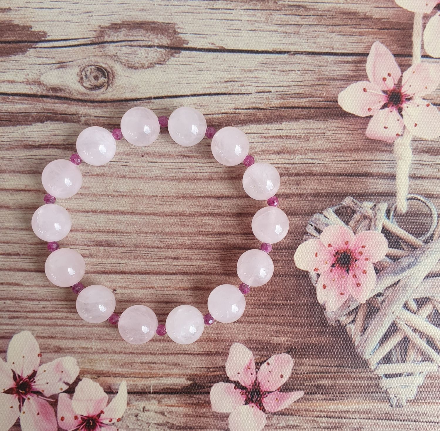 Bracelet 10mm Quartz Rose &amp; Rubis