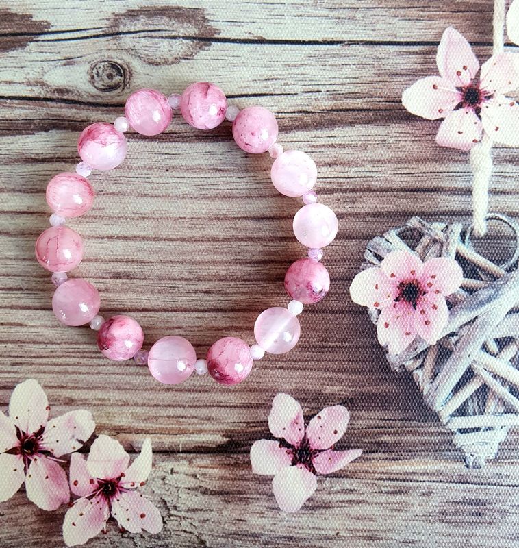 Bracelet 10mm Jade rose Cerisier &amp; Lépidolite