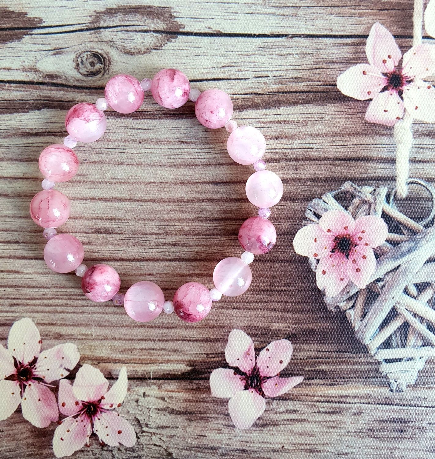 Bracelet 10mm Jade rose Cerisier &amp; Lépidolite