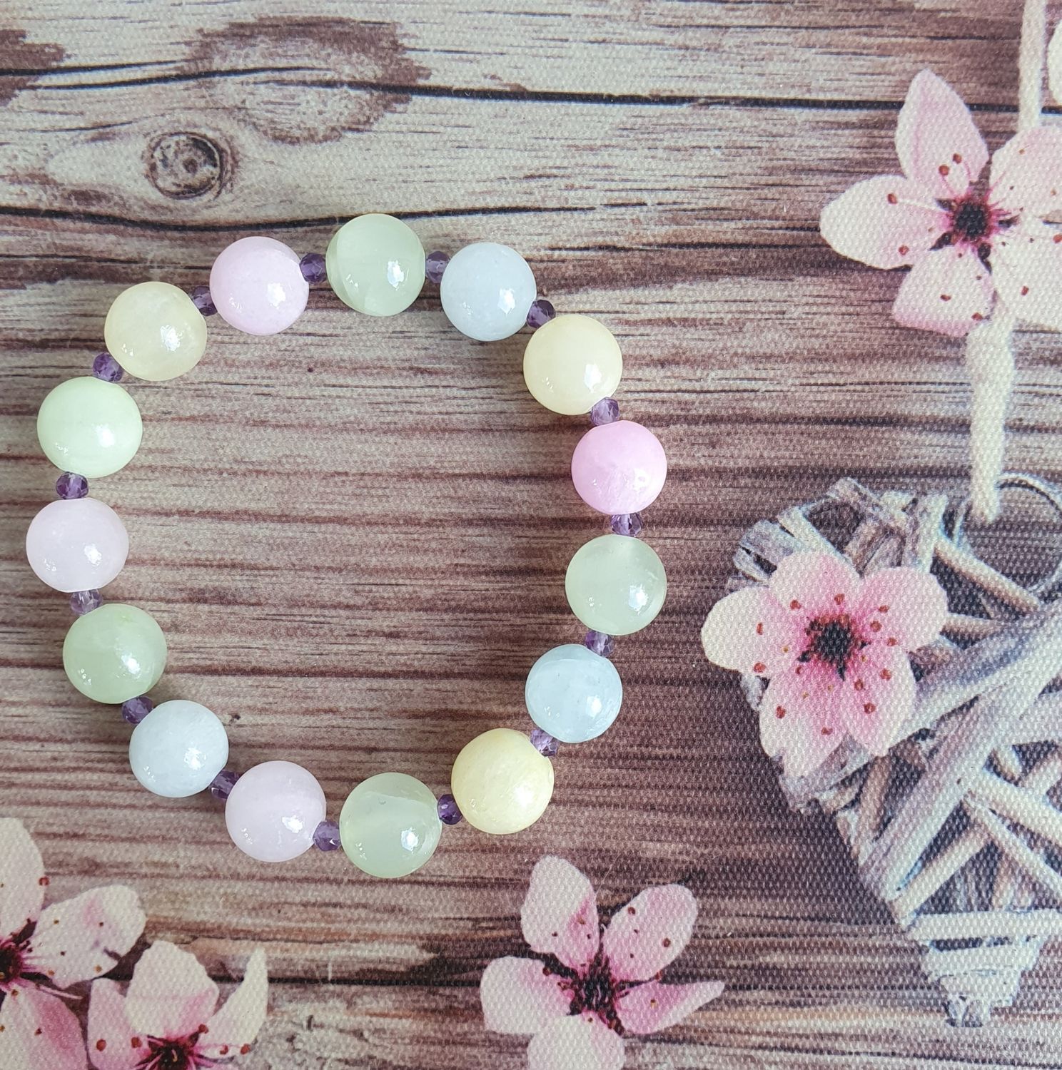 Bracelet 10mm Jade Multicolore &amp; Améthyste