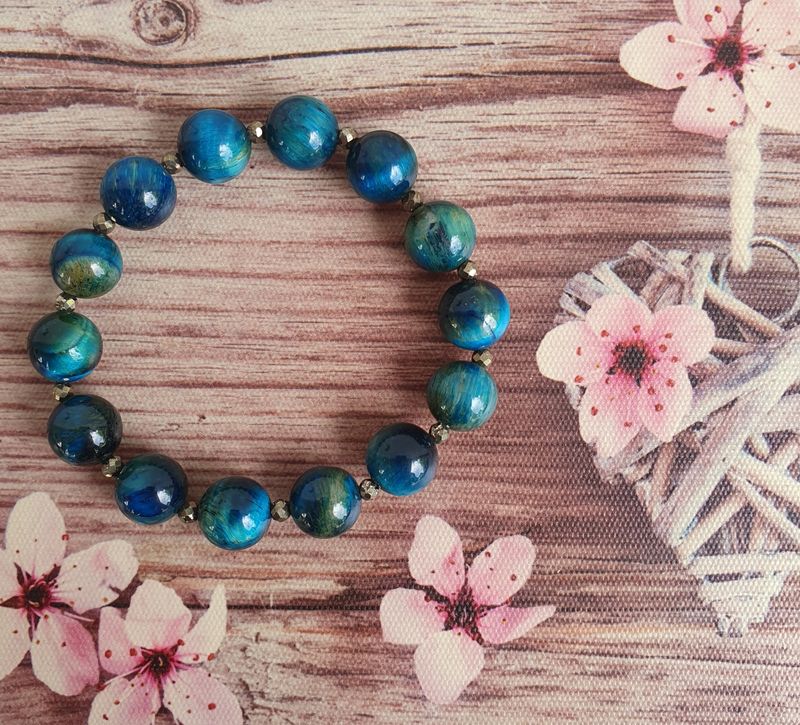 Bracelet 10mm Oeil de Tigre Bleu &amp; Pyrite