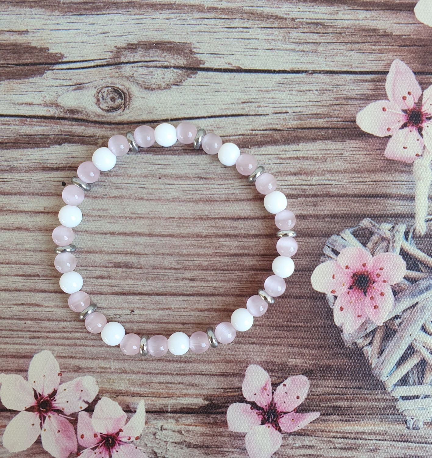 Bracelet Oeil de Chat rose &amp; Agate blanche 6mm