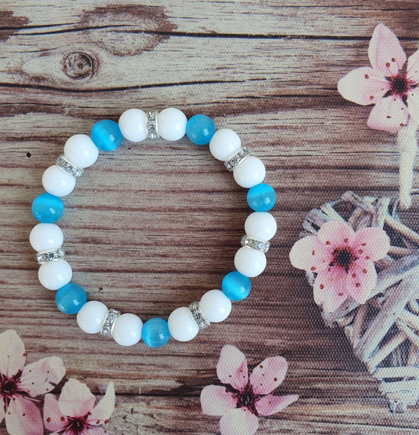 Bracelet Oeil de Chat bleu &amp; Agate blanche 8mm