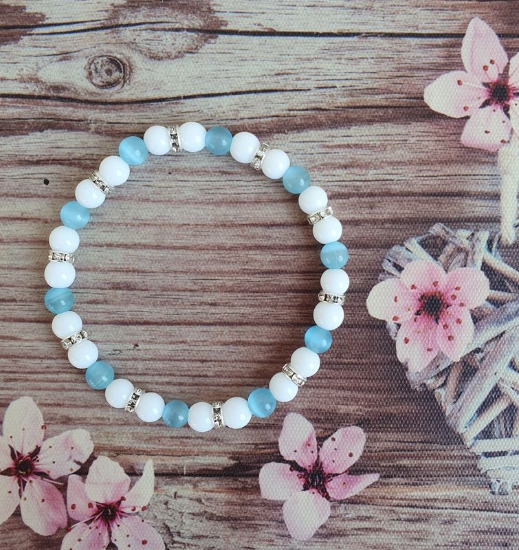 Bracelet Oeil de Chat bleu &amp; Agate blanche 6mm