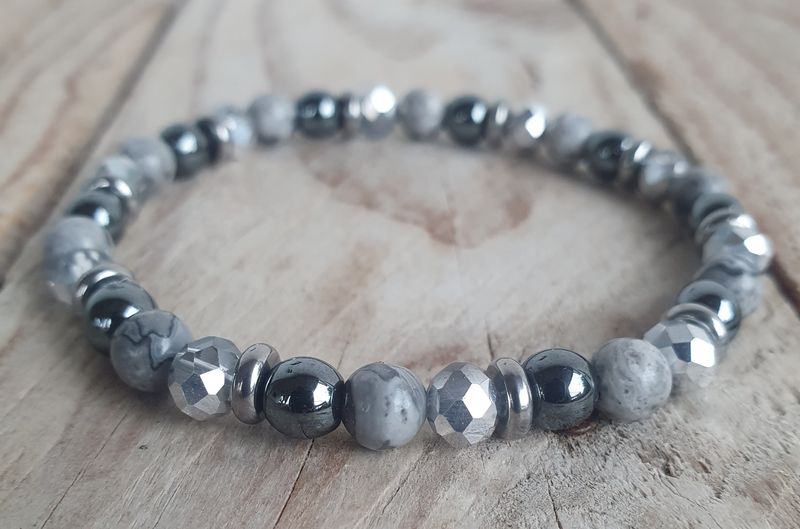 Jaspe Picasso, Hématite &amp; Cristal verre 6mm