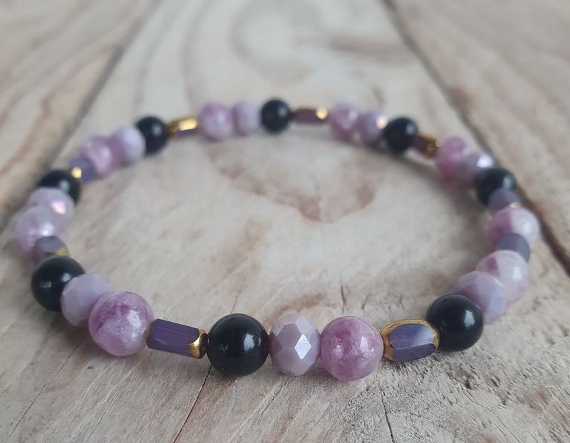 Lépidolite claire inclusion, Obsidienne Noire &amp; Cristal verre 6mm
