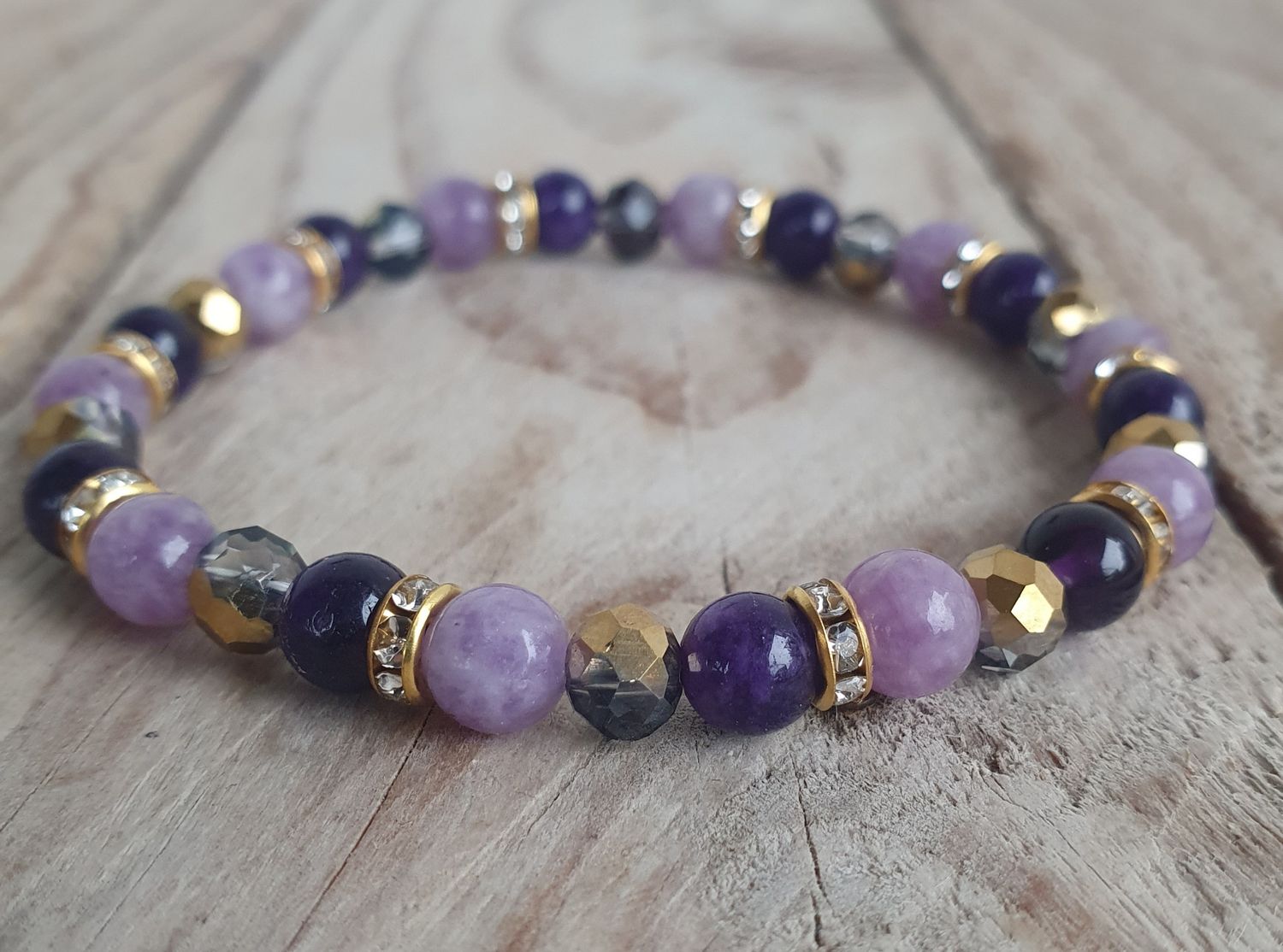 Lépidolite Claire inclusion, Améthyste &amp; Cristal verre 6mm