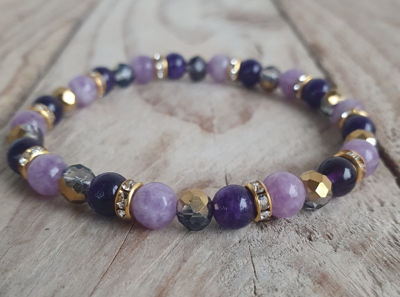 Lépidolite Claire inclusion, Améthyste &amp; Cristal verre 6mm