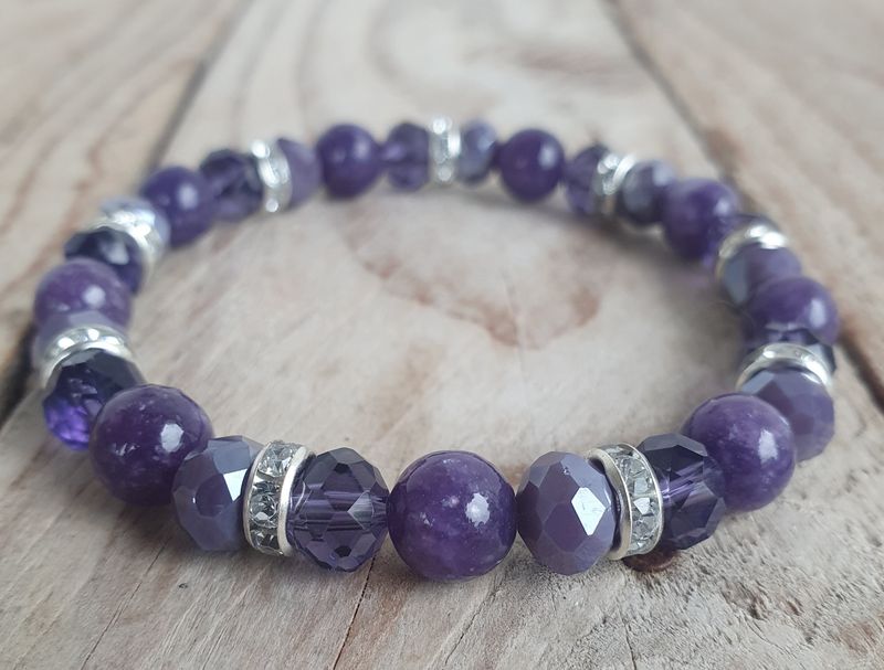 Lépidolite Foncée &amp; Cristal verre 8mm