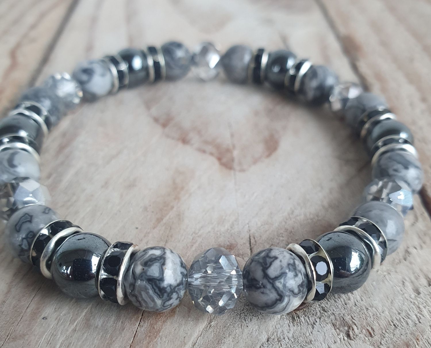 Jaspe Picasso, Hématite &amp; Cristal verre 8mm