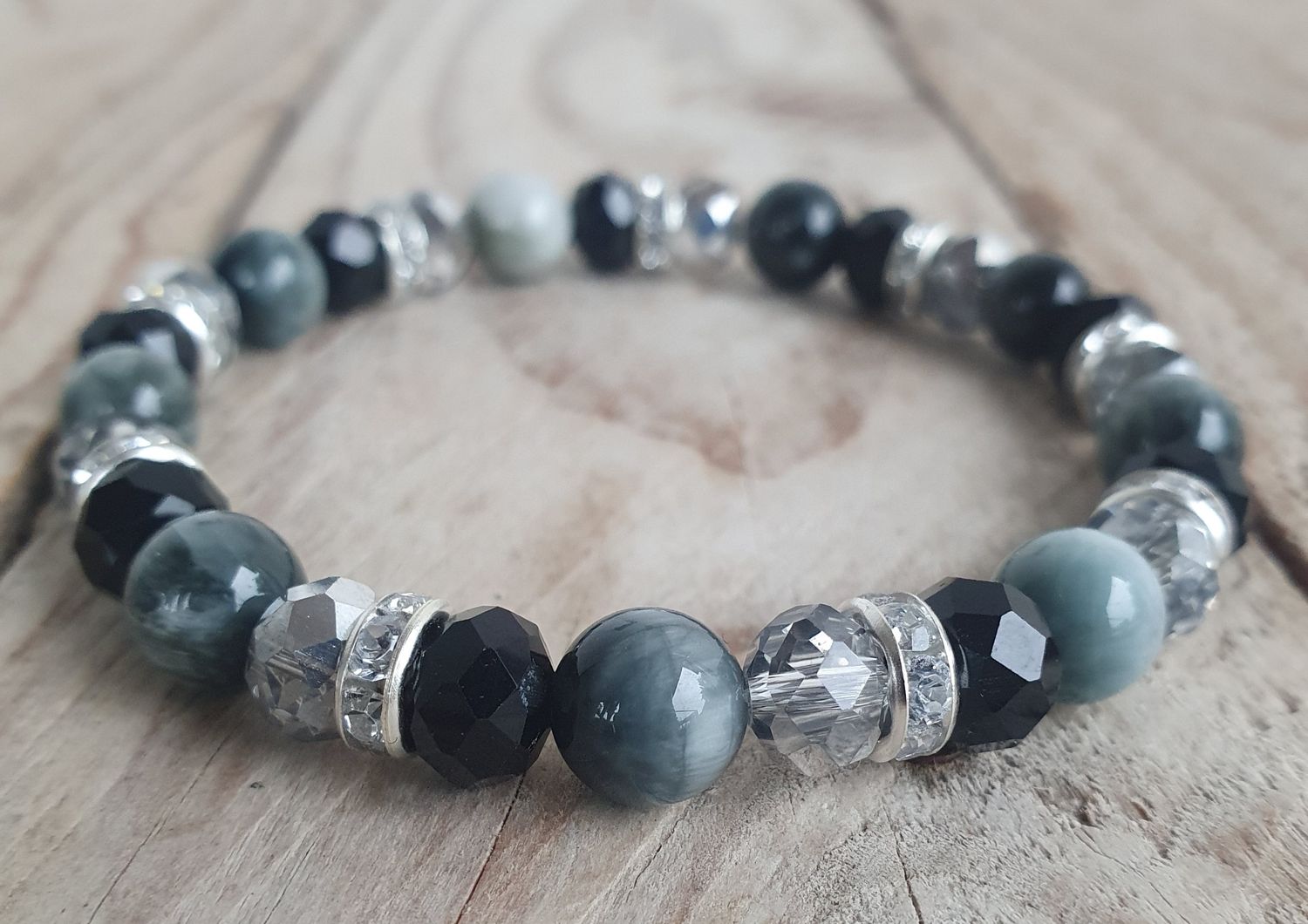 Tourmaline Oeil de chat gris AA &amp; Cristal verre 8mm