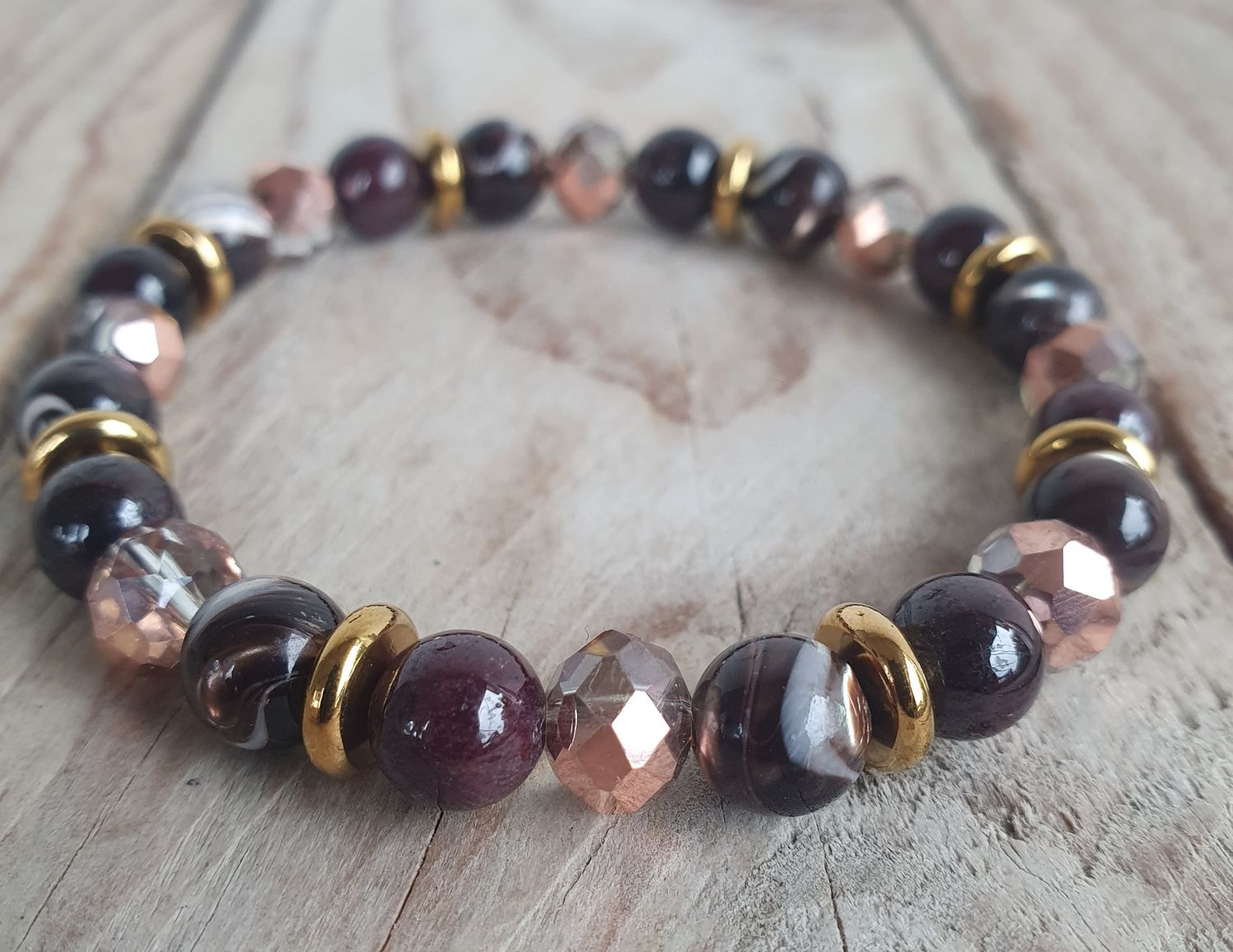 Grenat A+, Nacre Moka &amp; Cristal verre 8mm