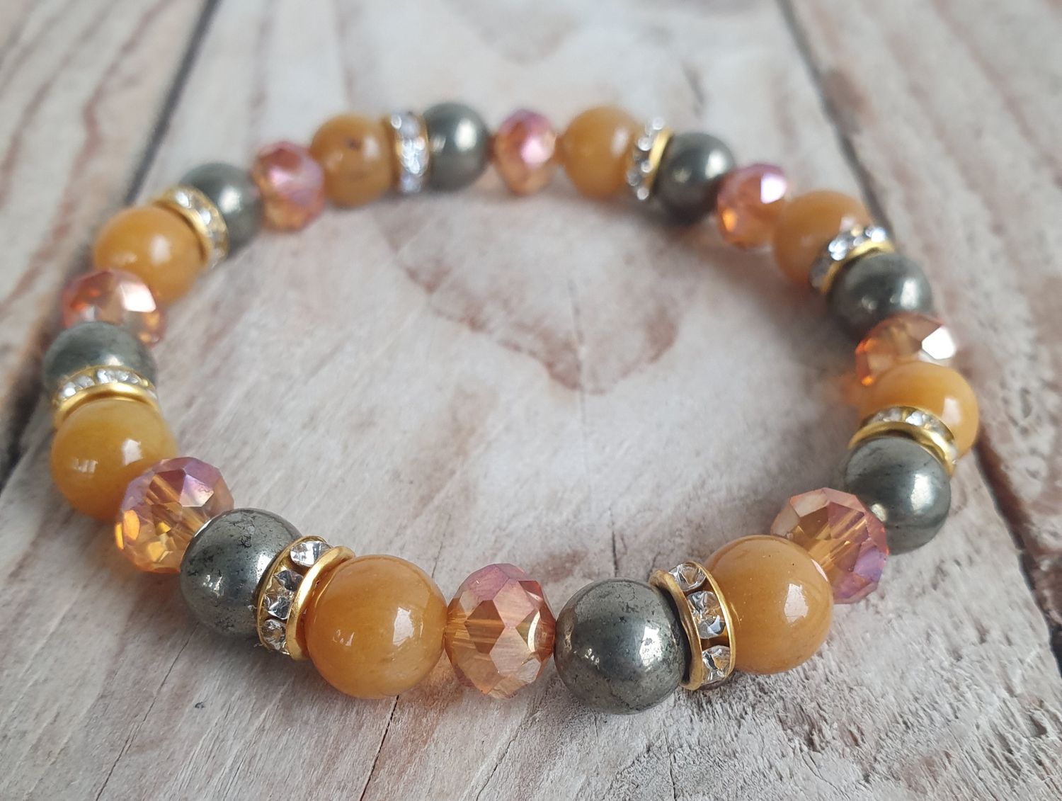 Agate Orange, Pyrite &amp; Cristal verre 8mm
