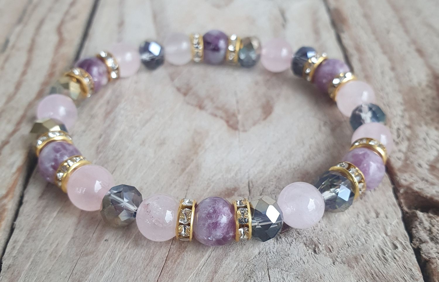 Lépidolite Claire inclusion A, Quartz Rose &amp; Cristal verre 8mm