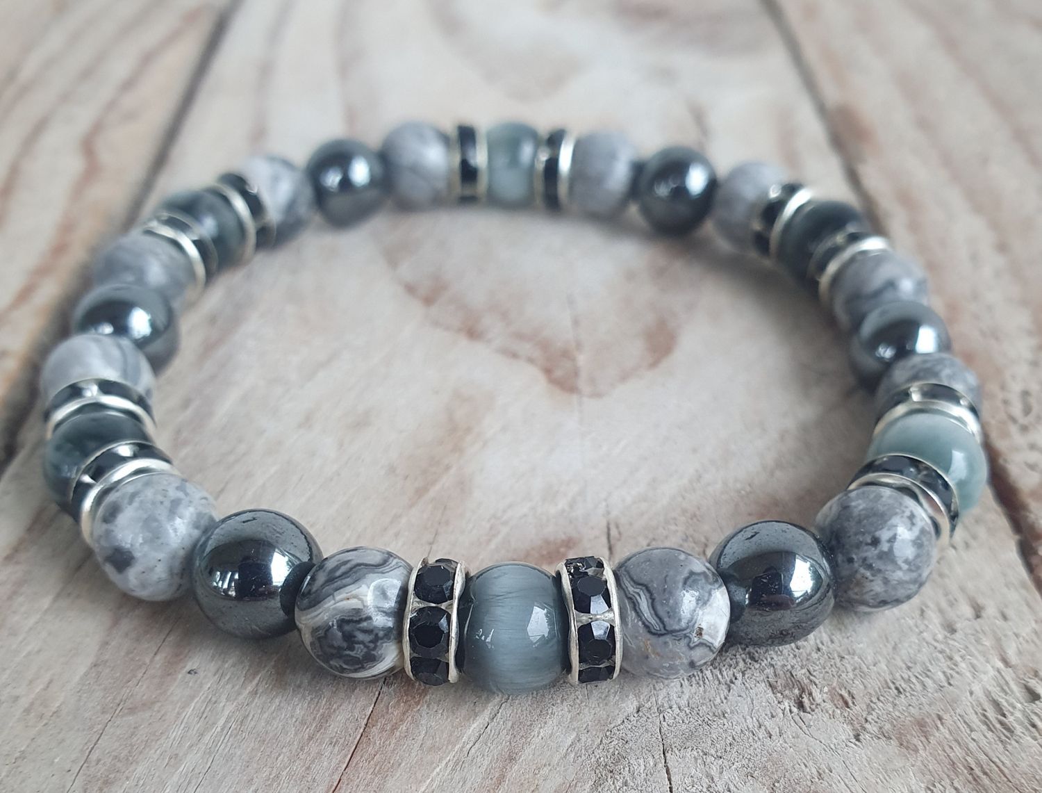 Jaspe Picasso, Tourmaline OdC Gris &amp; Hématite 8mm