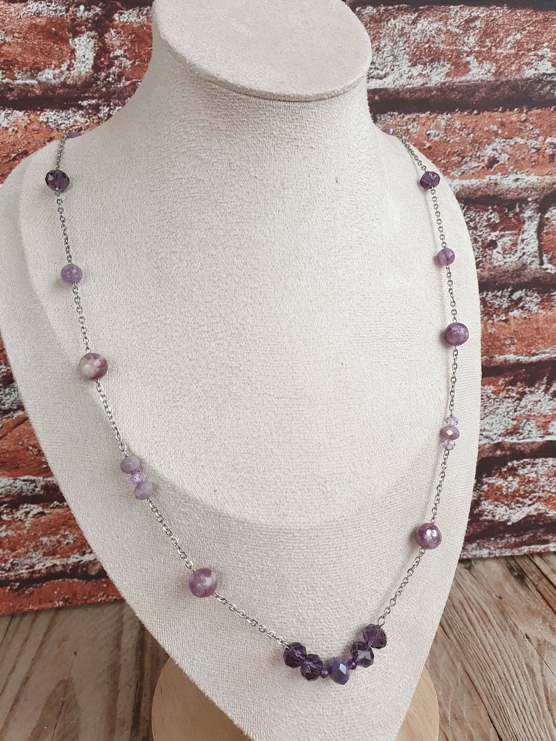 Sautoir Lépidolite, Améthyste et perle de verre Parme &amp; violette 