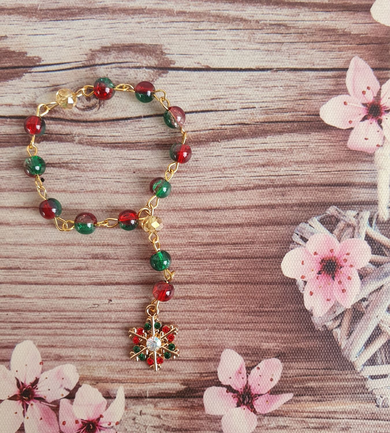 Chapelet XS 10cm Doré Perles de Verre esprit NOEL 6mm